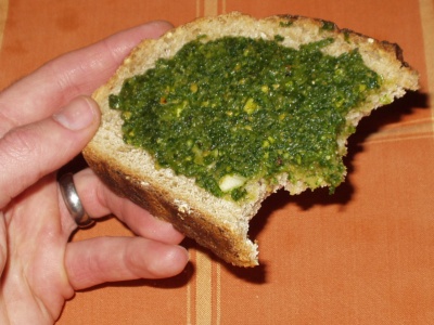 Radish Leaf Pesto on Home-made No-knead Bread